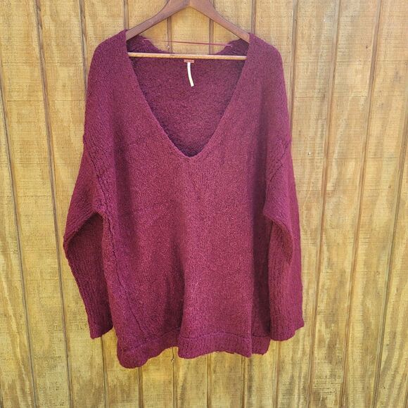 Free People Lofty VNeck Sweater Burgundy Boho Slouchy Oversized Womens Size L - Picture 1 of 9